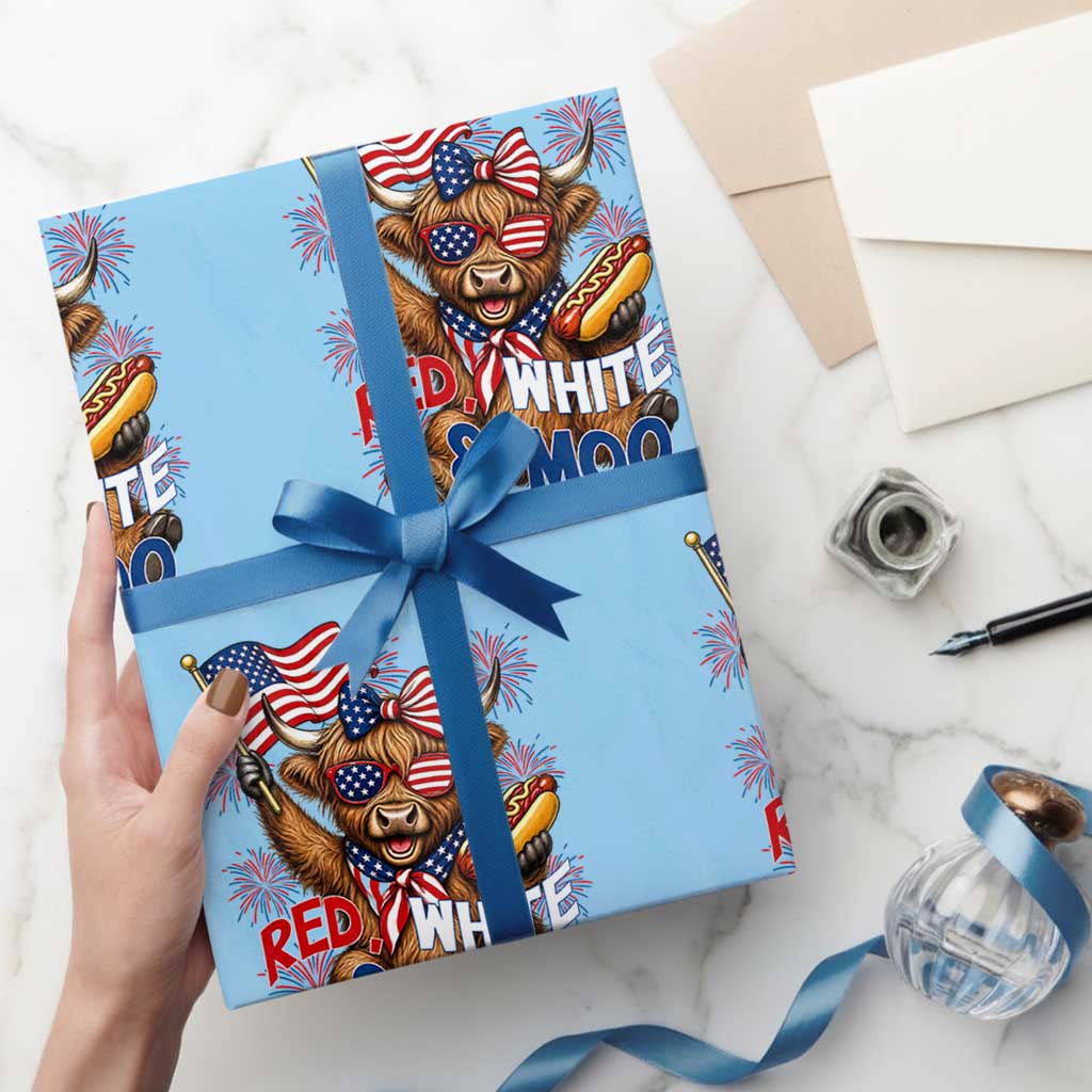 Striped Highland Cow 4th Of July Wrapping Paper Roll Red White And Moo