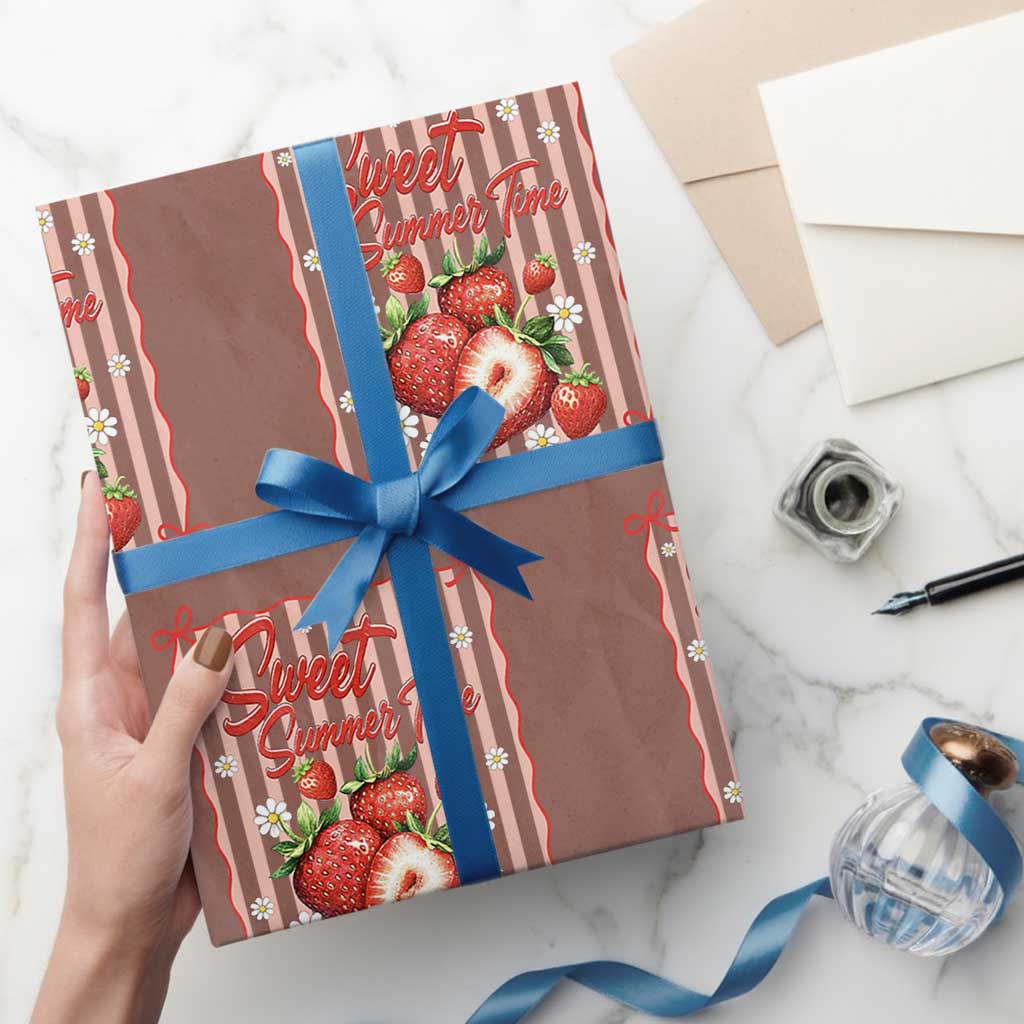 Striped Summer Strawberry Wrapping Paper Roll Preppy Beach Vibes Graphic