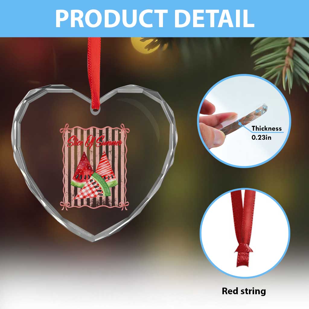 Striped Watermelon Beach Vibes Graphic Heart Crystal Glass Ornament Slice Of Summer