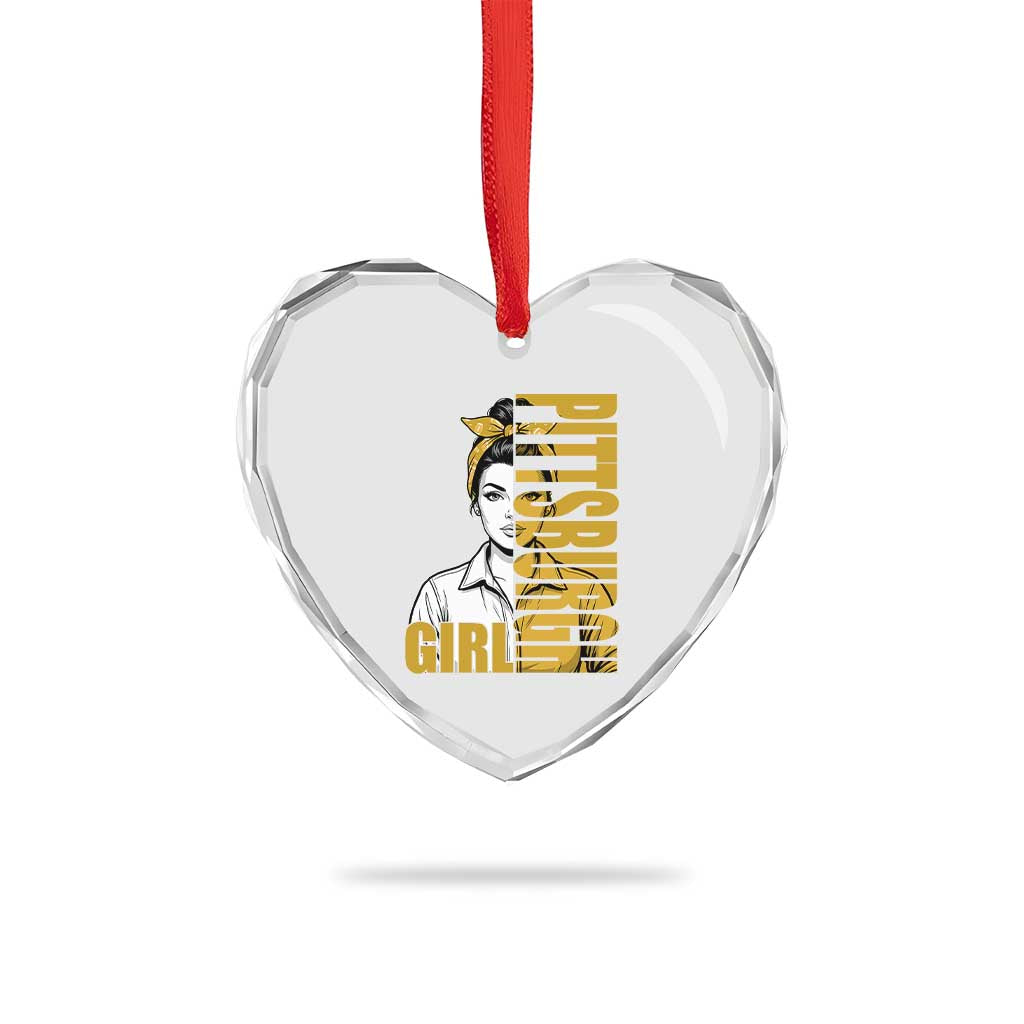 Strong Woman Football Game Day Heart Crystal Glass Ornament Black And Gold City Pride