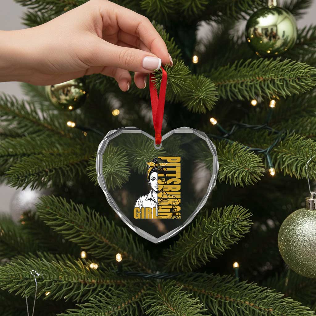 Strong Woman Football Game Day Heart Crystal Glass Ornament Black And Gold City Pride