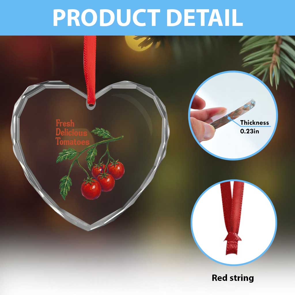 Subtle FDT Heart Crystal Glass Ornament Fresh Delicious Tomatoes Retro Tomato Vine Graphic Political Humor
