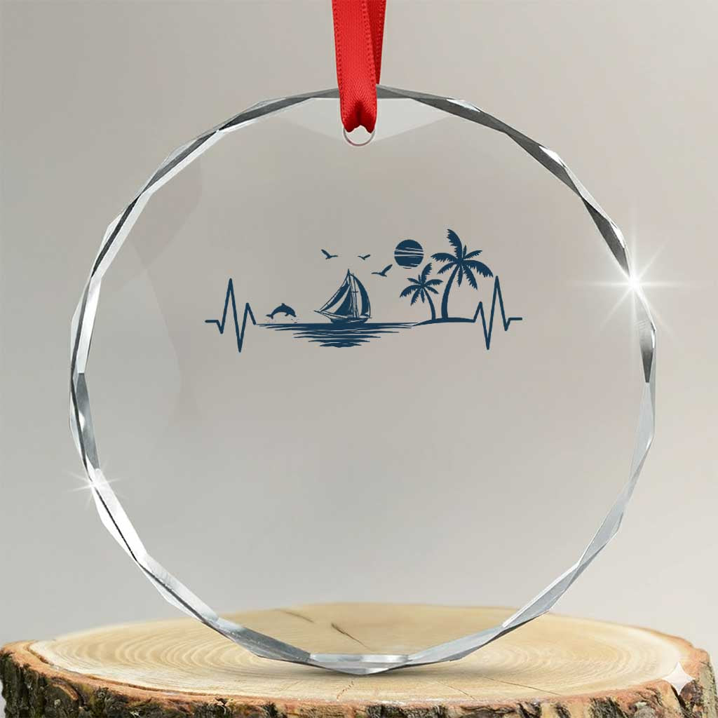 Summer Vacation Heartbeat Pulse Sunset Silhouette Crystal Glass Ornament Tropical Island Lover TS12 Transparent Glass 3'' Circle Print Your Wear