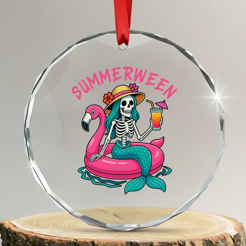 Summerween Skeleton Mermaid Crystal Glass Ornament Flamingo Float Funny Spooky Summer Halloween Vibes TS02 Transparent Glass 3'' Circle Print Your Wear