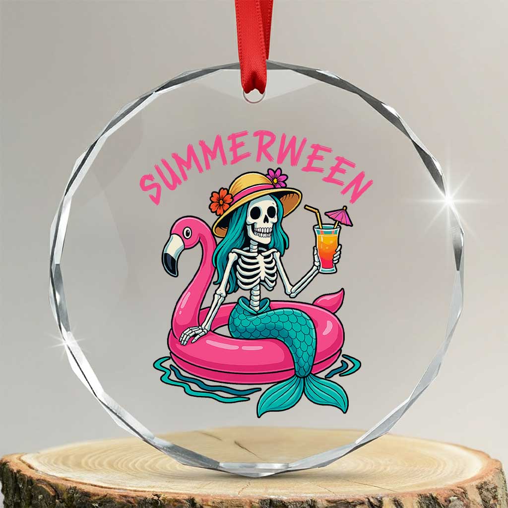 Summerween Skeleton Mermaid Crystal Glass Ornament Flamingo Float Funny Spooky Summer Halloween Vibes TS02 Transparent Glass 3'' Circle Print Your Wear