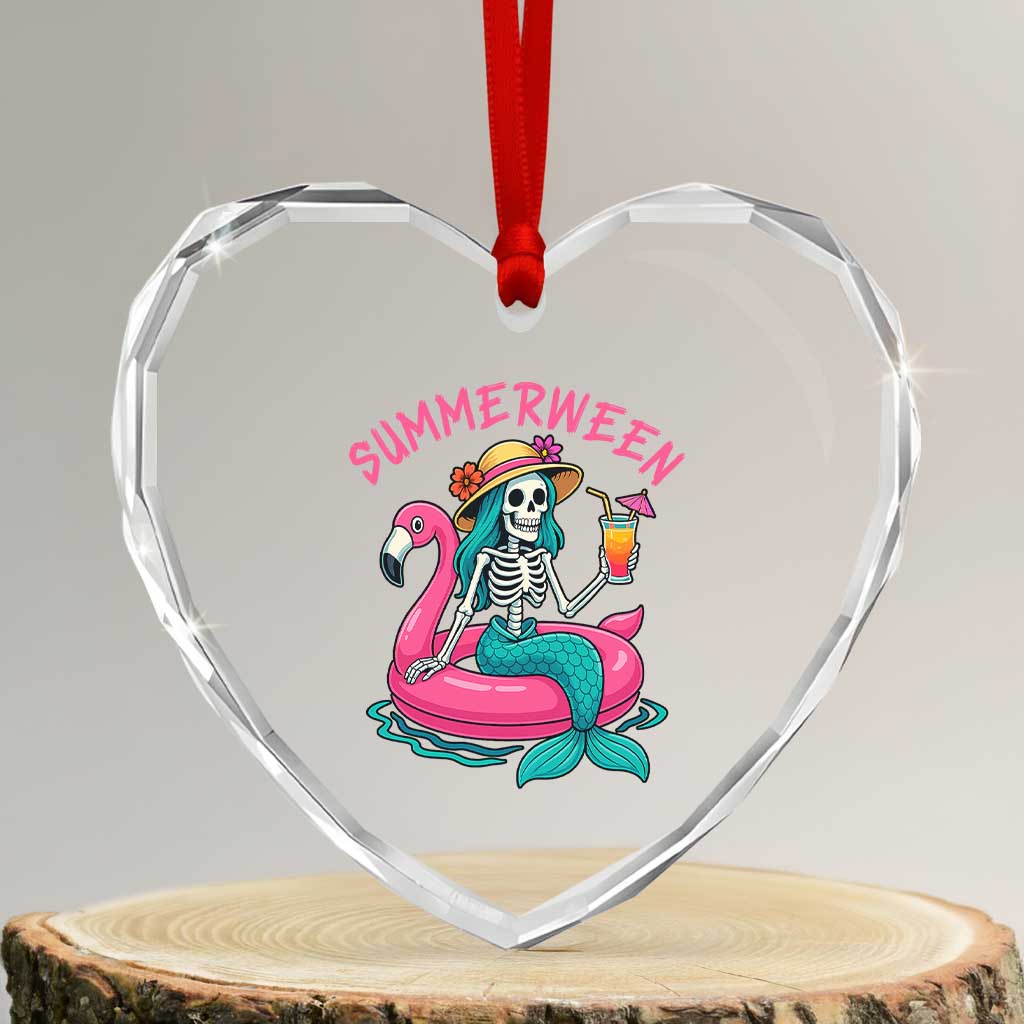 Summerween Skeleton Mermaid Heart Crystal Glass Ornament Flamingo Float Funny Spooky Summer Halloween Vibes TS02 Transparent Glass 3'' Heart Print Your Wear