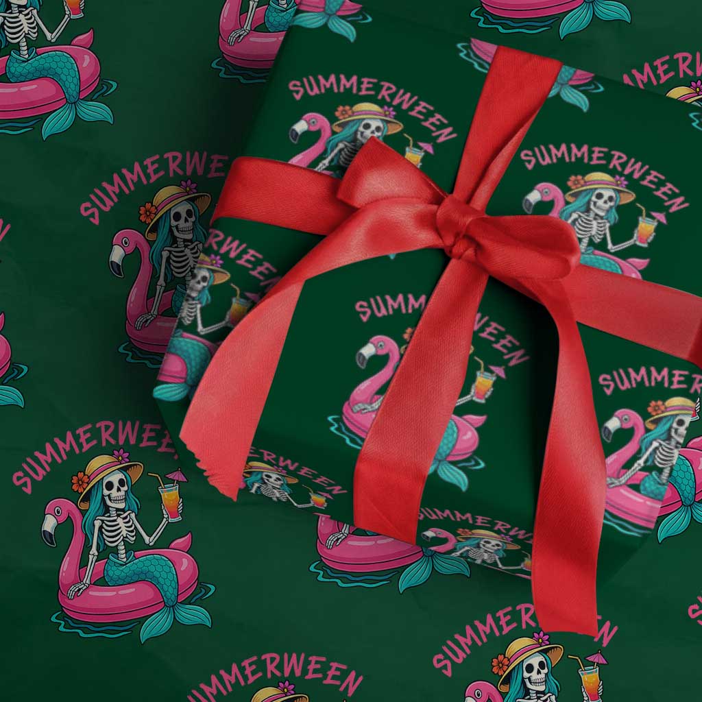 Summerween Skeleton Mermaid Wrapping Paper Roll Flamingo Float Funny Spooky Summer Halloween Vibes TS02 Green Print Your Wear