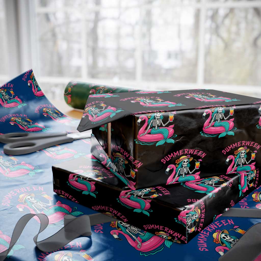 Summerween Skeleton Mermaid Wrapping Paper Roll Flamingo Float Funny Spooky Summer Halloween Vibes TS02 Black Print Your Wear