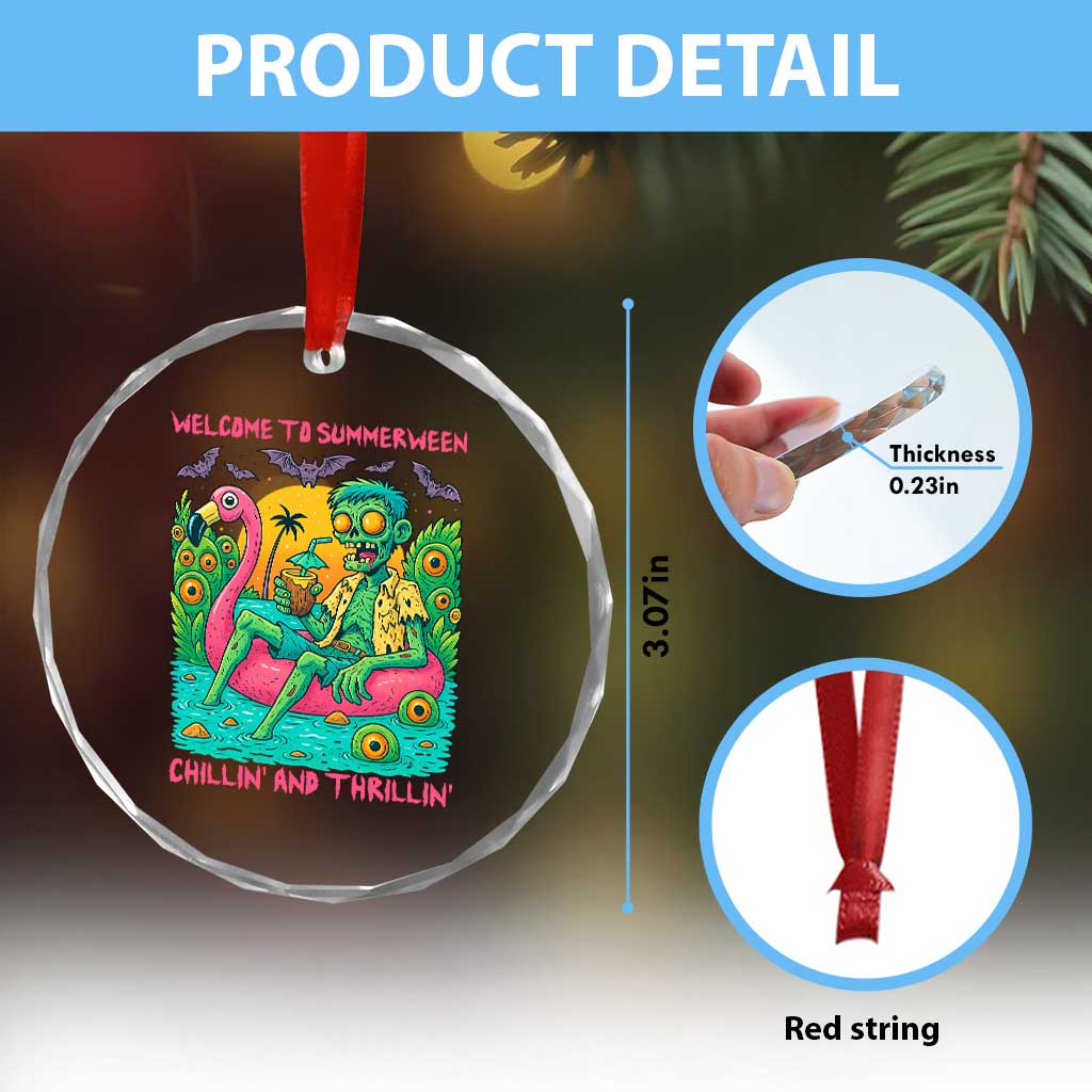 Summerween Zombie Pool Party Crystal Glass Ornament Chillin and Thrillin Flamingo Float Summer Halloween TS02 Print Your Wear