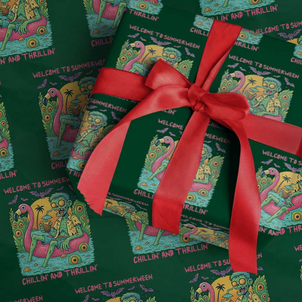 Summerween Zombie Pool Party Wrapping Paper Roll Chillin and Thrillin Flamingo Float Summer Halloween TS02 Green Print Your Wear