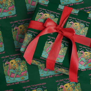 Summerween Zombie Pool Party Wrapping Paper Roll Chillin and Thrillin Flamingo Float Summer Halloween TS02 Green Print Your Wear