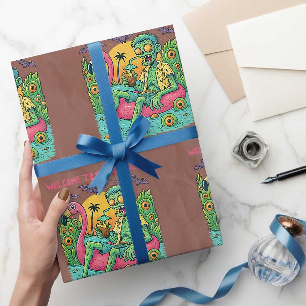 Summerween Zombie Pool Party Wrapping Paper Roll Chillin and Thrillin Flamingo Float Summer Halloween TS02 Mocha Print Your Wear