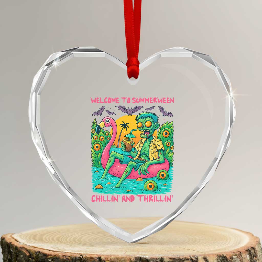 Summerween Zombie Pool Party Heart Crystal Glass Ornament Chillin and Thrillin Flamingo Float Summer Halloween TS02 Transparent Glass 3'' Heart Print Your Wear