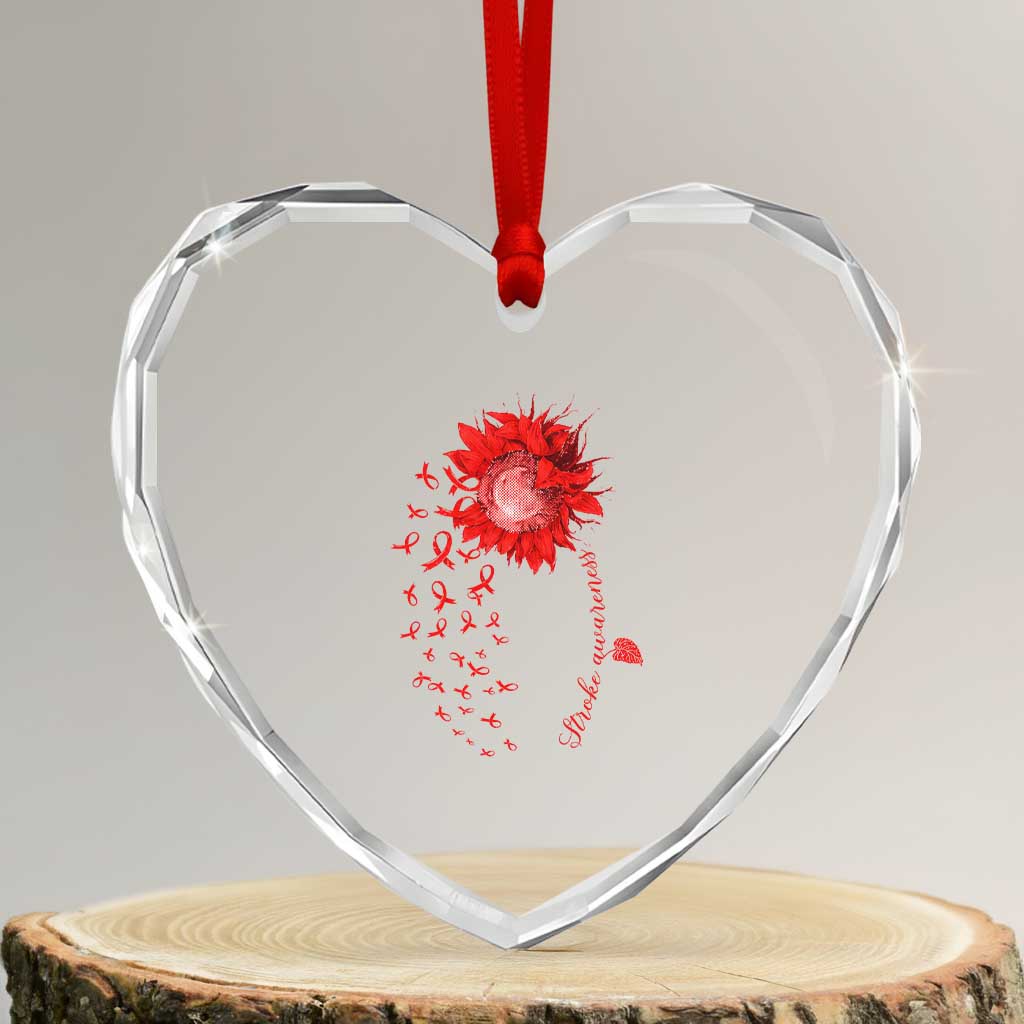 Sunflower Stroke Awareness Red Ribbon Heart Crystal Glass Ornament TS11 Transparent Glass 3'' Heart Print Your Wear