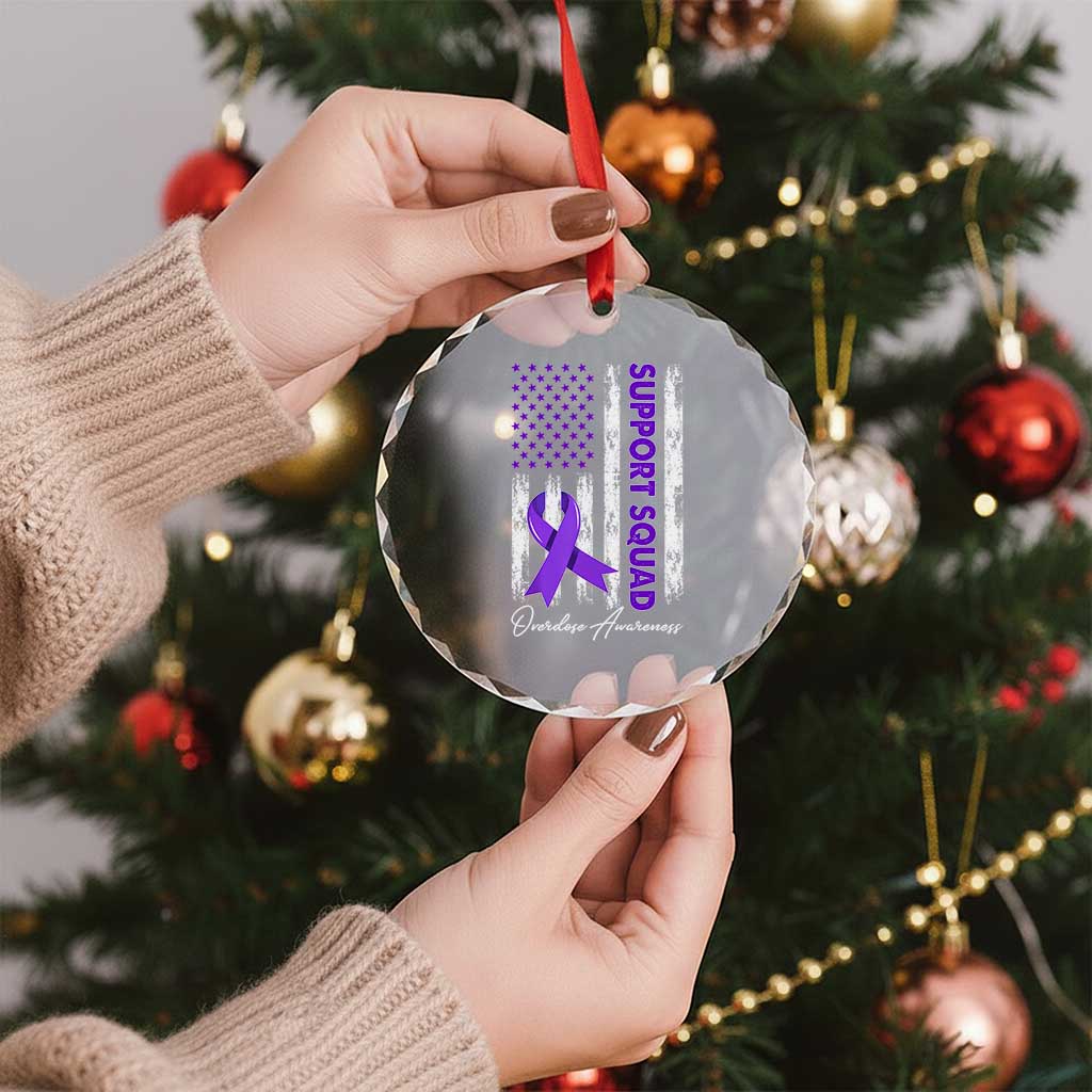 Support Squad Overdose Awareness Crystal Glass Ornament Purple Ribbon American Flag Graphic