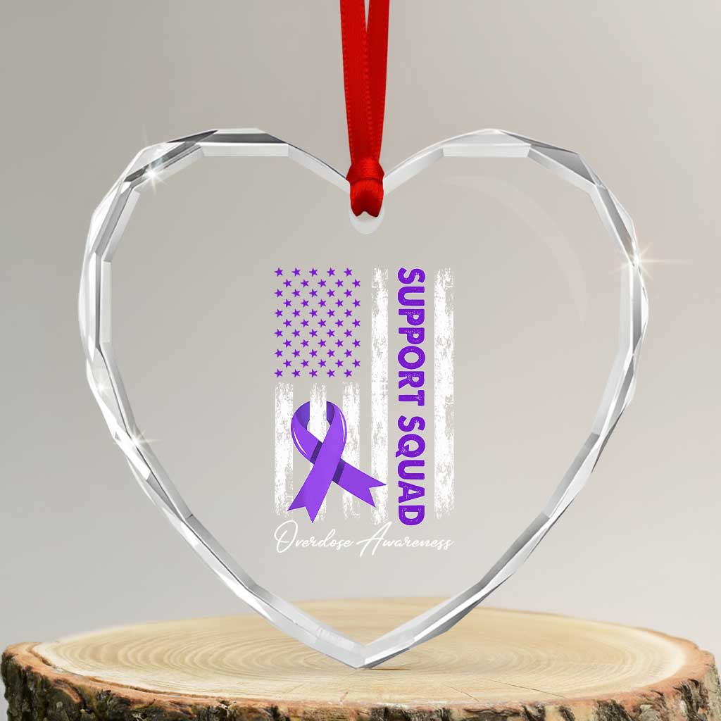 Support Squad Overdose Awareness Heart Crystal Glass Ornament Purple Ribbon American Flag Graphic