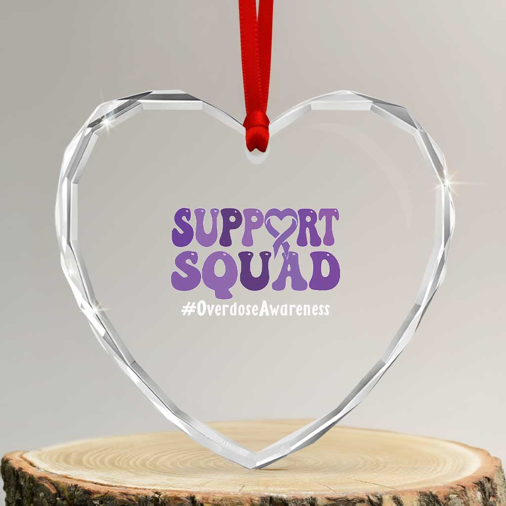 Support Squad Overdose Awareness Heart Crystal Glass Ornament Purple Ribbon Groovy Typography Graphic