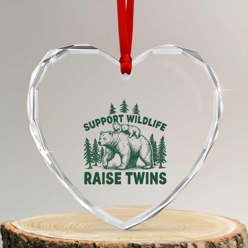Support Wildlife Raise Twins Heart Crystal Glass Ornament Twin Parent Mom Dad Bear Family