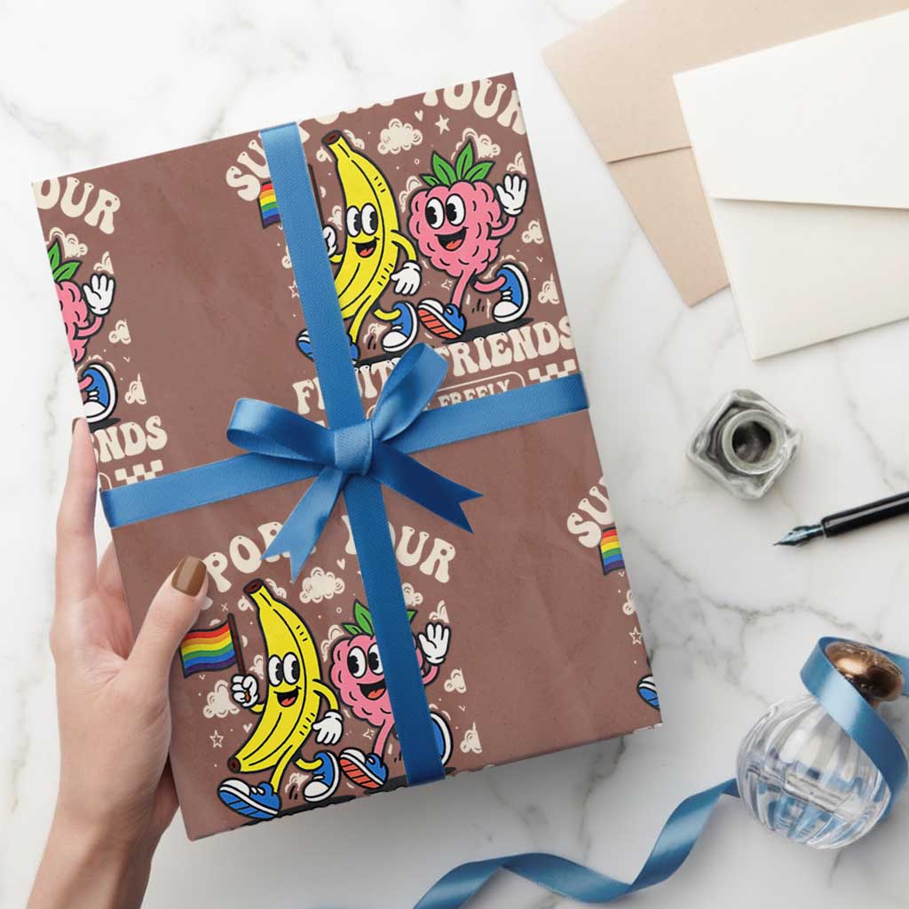 Support Your Fruity Friends Wrapping Paper Roll Retro Cute Banana and Berry LGBT Pride Support TS02 Mocha Print Your Wear