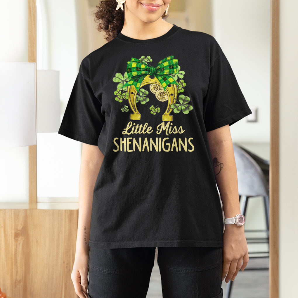 St. Patrick's Day T Shirt For Women Little Miss Shenanigans Coquette Shamrocks TS09 Black Printyourwear