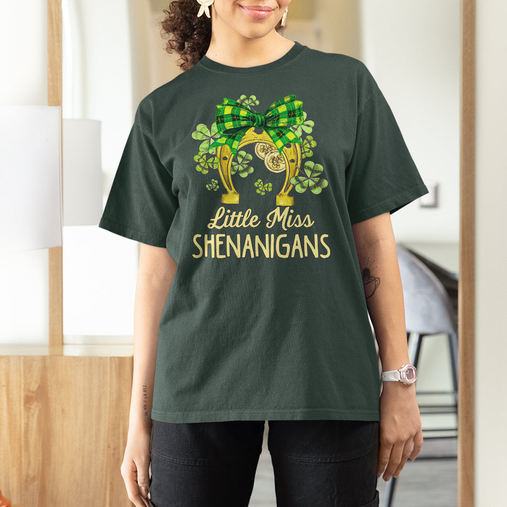 St. Patrick's Day T Shirt For Women Little Miss Shenanigans Coquette Shamrocks TS09 Dark Forest Green Printyourwear