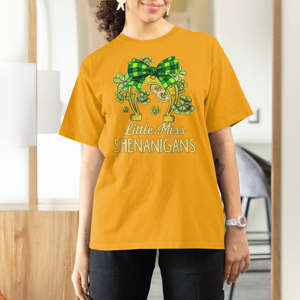 St. Patrick's Day T Shirt For Women Little Miss Shenanigans Coquette Shamrocks TS09 Gold Printyourwear