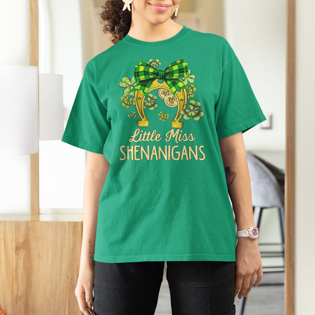 St. Patrick's Day T Shirt For Women Little Miss Shenanigans Coquette Shamrocks TS09 Irish Green Printyourwear