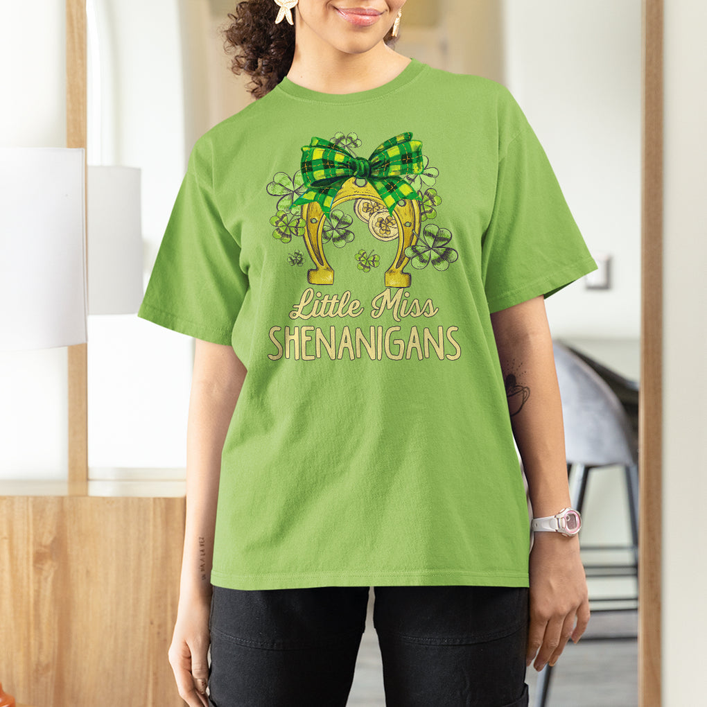 St. Patrick's Day T Shirt For Women Little Miss Shenanigans Coquette Shamrocks TS09 Lime Printyourwear