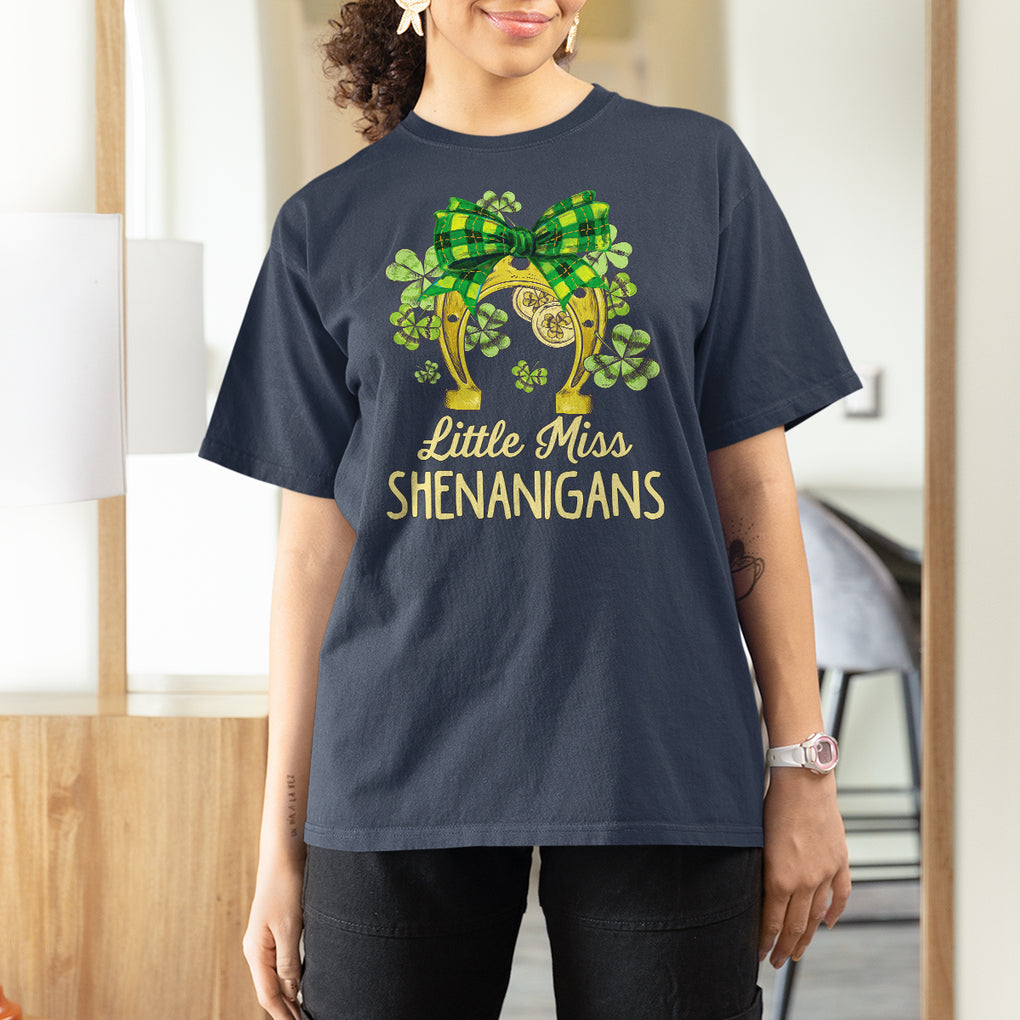 St. Patrick's Day T Shirt For Women Little Miss Shenanigans Coquette Shamrocks TS09 Navy Printyourwear