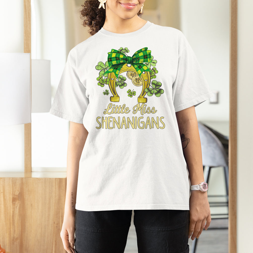 St. Patrick's Day T Shirt For Women Little Miss Shenanigans Coquette Shamrocks TS09 White Printyourwear