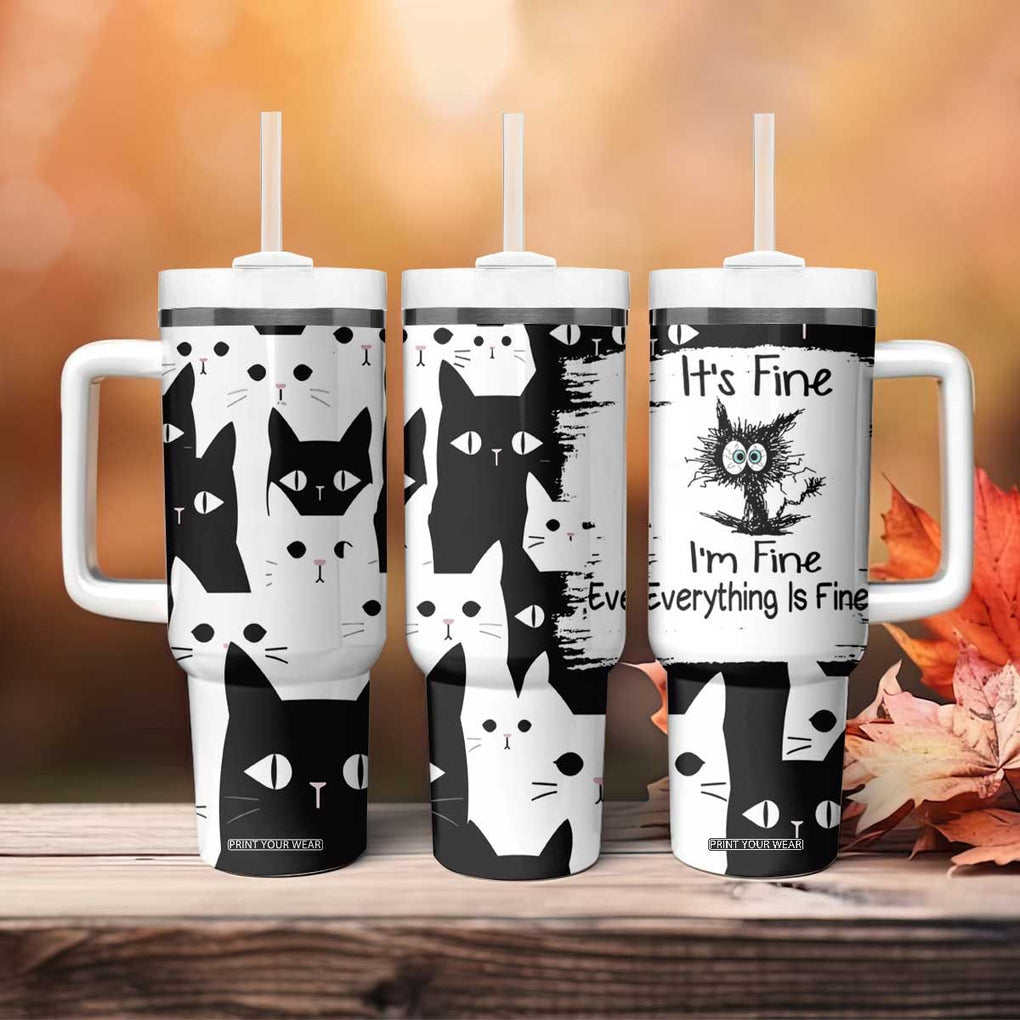 Funny Black Cat Tumbler With Handle It's Fine I'm Fine Everything Is Fine Burnt Cat Meme TB02 Print Your Wear