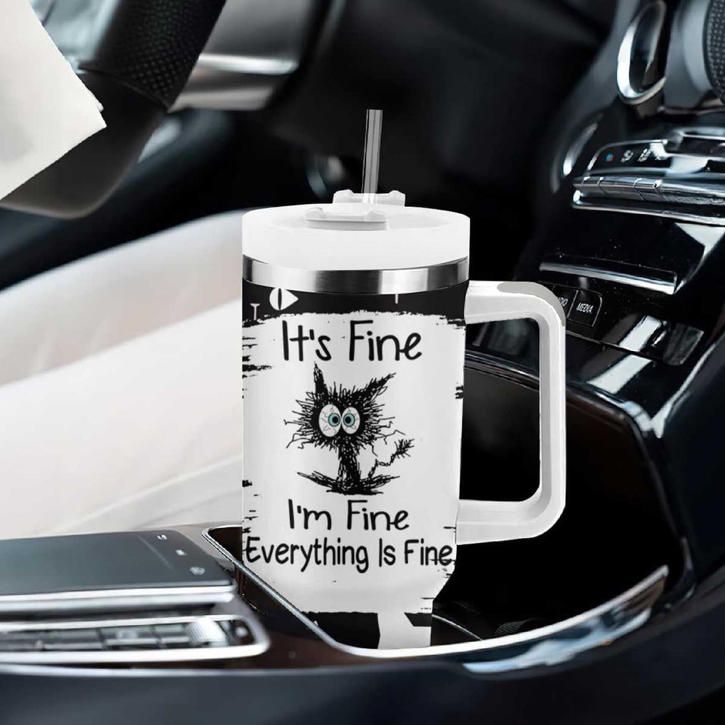 Funny Black Cat Tumbler With Handle It's Fine I'm Fine Everything Is Fine Burnt Cat Meme TB02 Print Your Wear