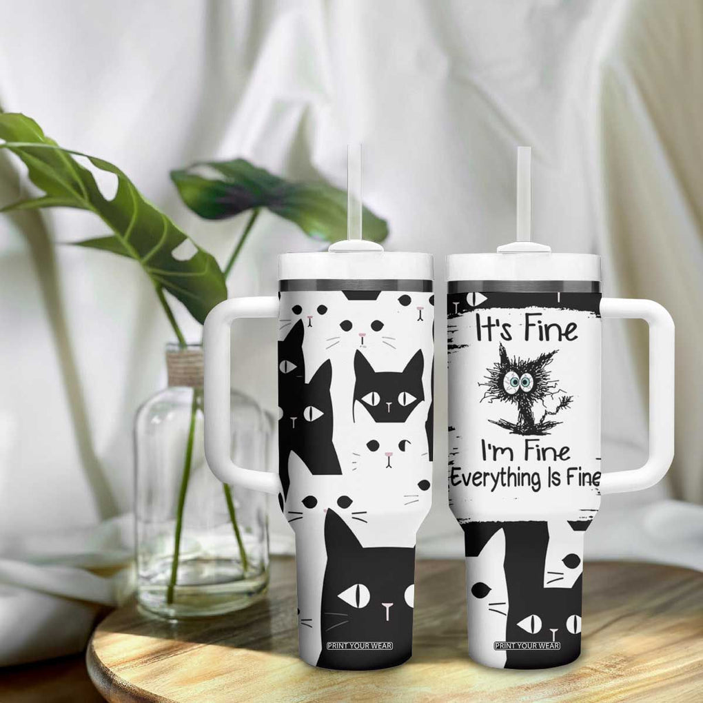 Funny Black Cat Tumbler With Handle It's Fine I'm Fine Everything Is Fine Burnt Cat Meme TB02 Print Your Wear