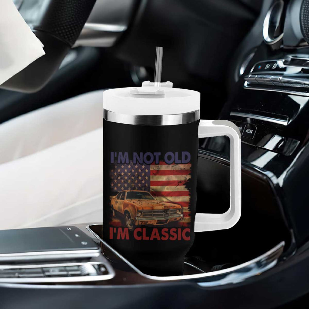 Classic Car Lover Tumbler With Handle I'm Not Old I'm Classic Vintage American Flag TB02 Print Your Wear