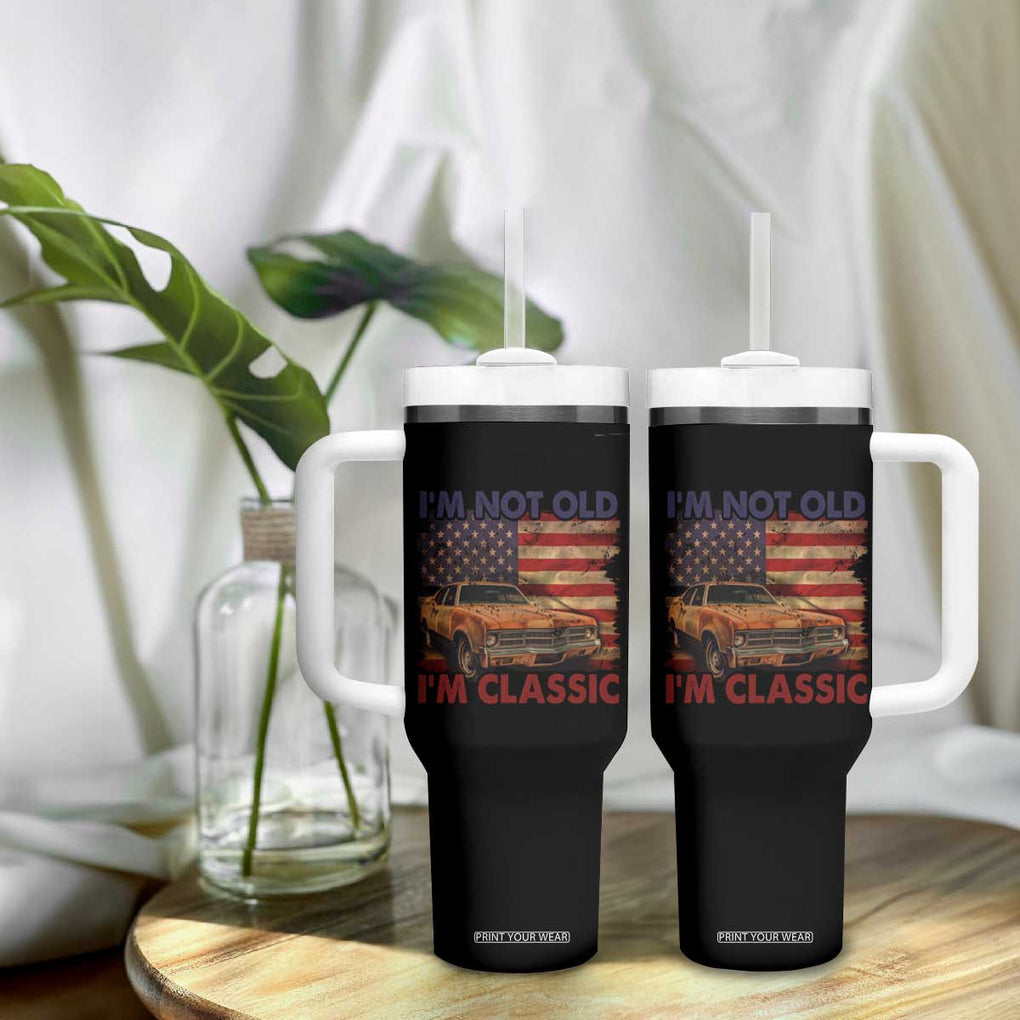 Classic Car Lover Tumbler With Handle I'm Not Old I'm Classic Vintage American Flag TB02 Print Your Wear