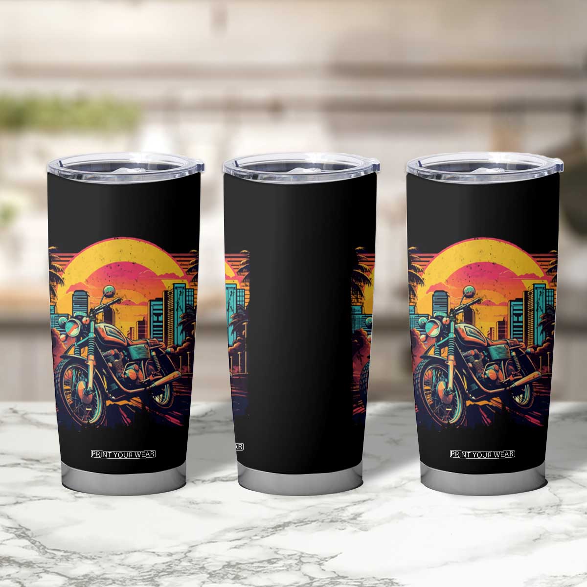 Retro Sunset Urban City Graphic Motorcycle Tumbler Cup Motorcyclist Gift Biker Rider For Dad Husband Boyfriend Uncle TB02 Print Your Wear