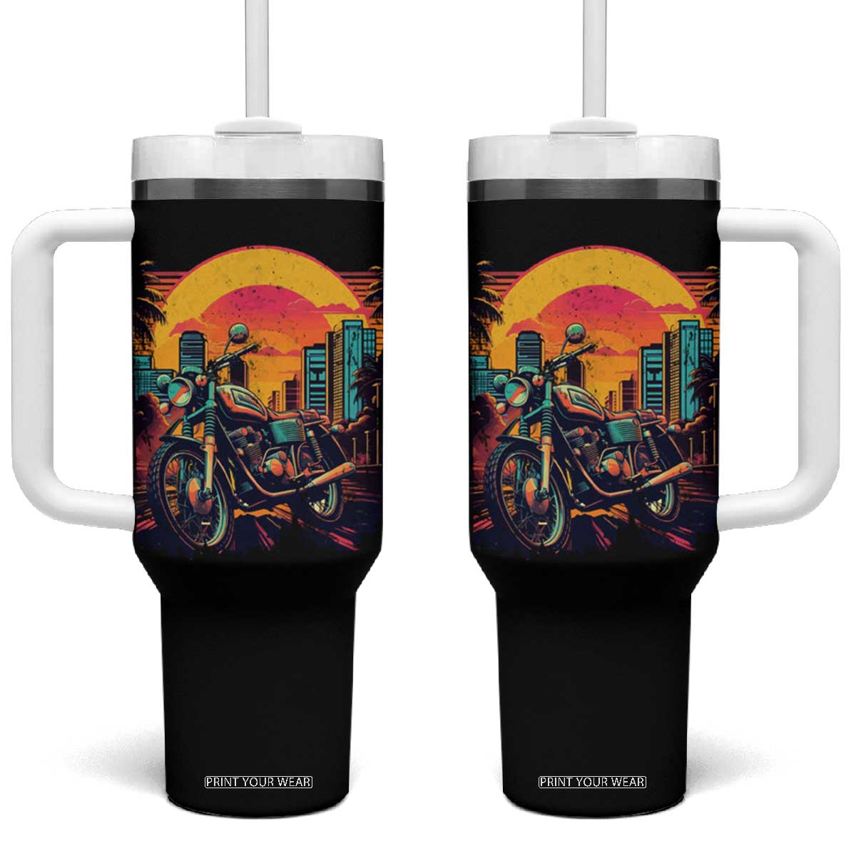 Retro Sunset Urban City Graphic Motorcycle Tumbler With Handle Motorcyclist Gift Biker Rider For Dad Husband Boyfriend Uncle TB02 One Size: 40 oz Black Print Your Wear