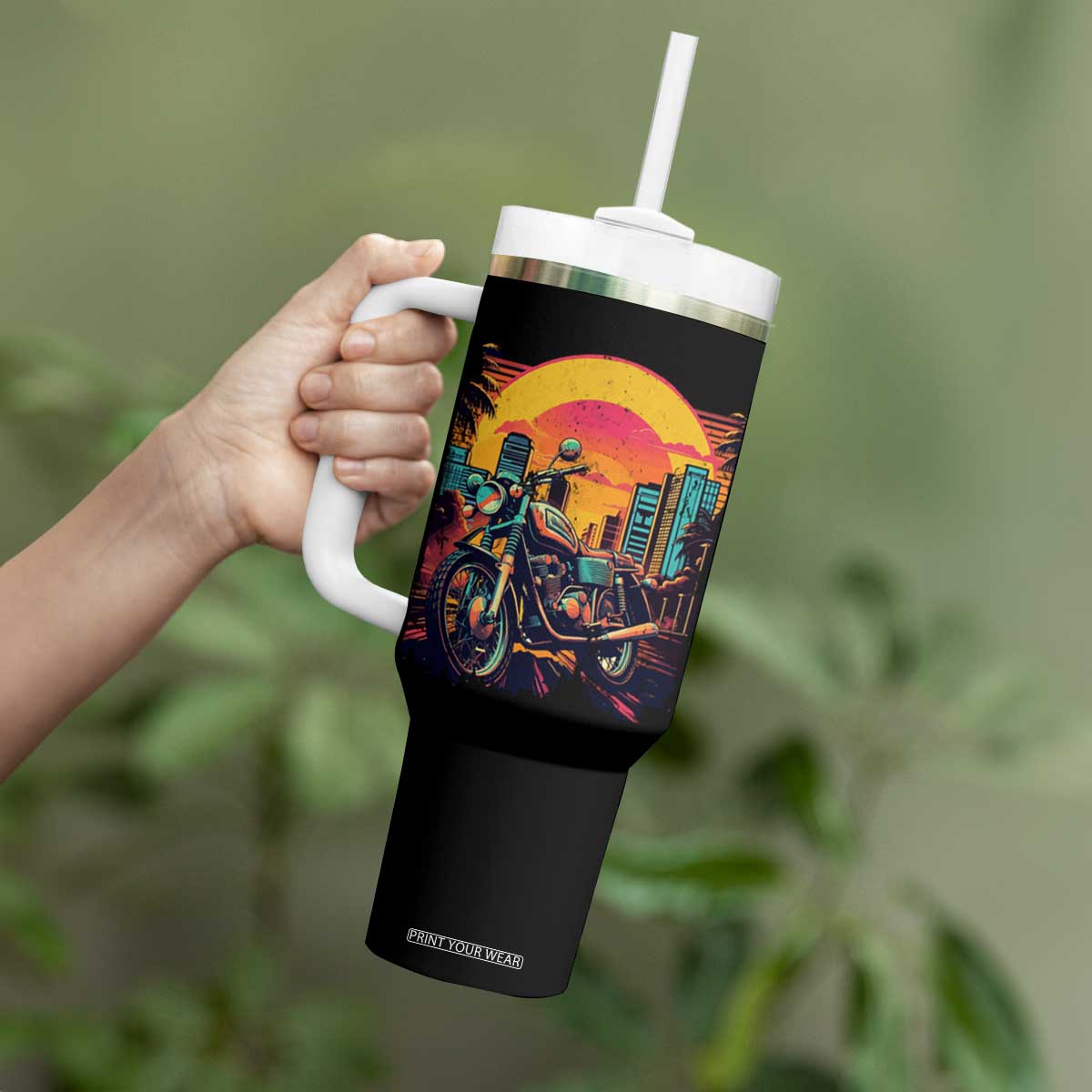 Retro Sunset Urban City Graphic Motorcycle Tumbler With Handle Motorcyclist Gift Biker Rider For Dad Husband Boyfriend Uncle TB02 Print Your Wear
