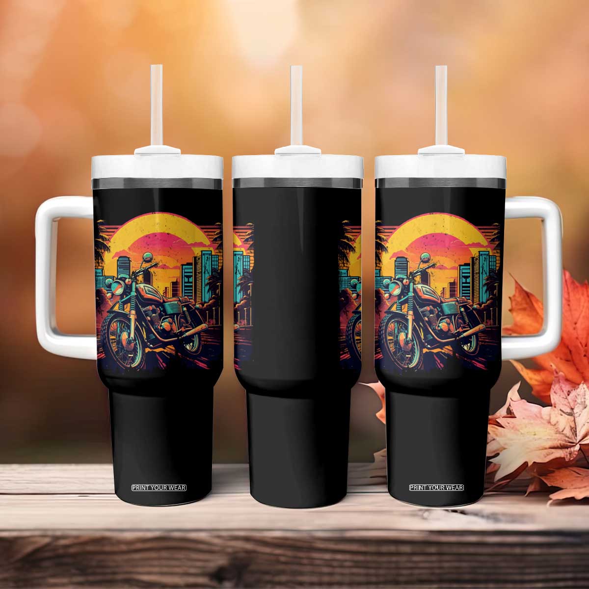 Retro Sunset Urban City Graphic Motorcycle Tumbler With Handle Motorcyclist Gift Biker Rider For Dad Husband Boyfriend Uncle TB02 Print Your Wear