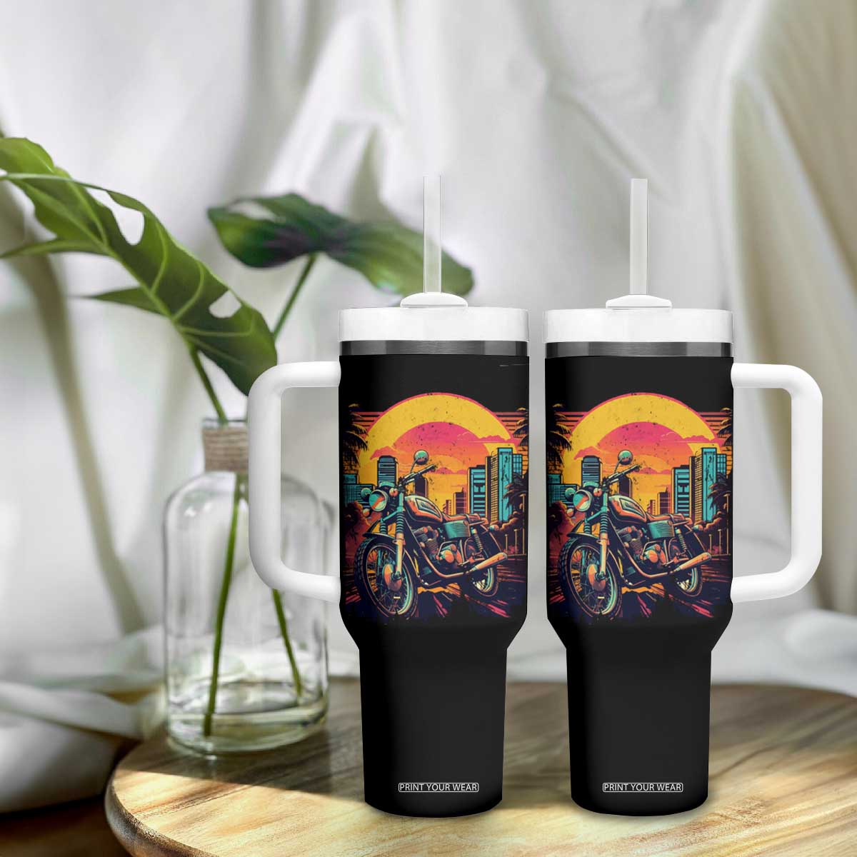Retro Sunset Urban City Graphic Motorcycle Tumbler With Handle Motorcyclist Gift Biker Rider For Dad Husband Boyfriend Uncle TB02 Print Your Wear
