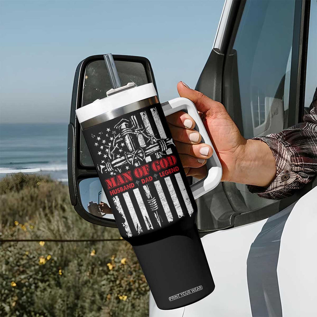 Blessed Dad Tumbler With Handle Man Of God Husband Dad Legend American Flag Christian Cross TB02 Print Your Wear