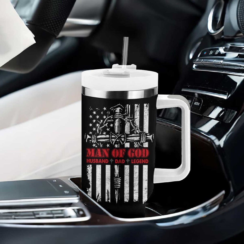 Blessed Dad Tumbler With Handle Man Of God Husband Dad Legend American Flag Christian Cross TB02 Print Your Wear