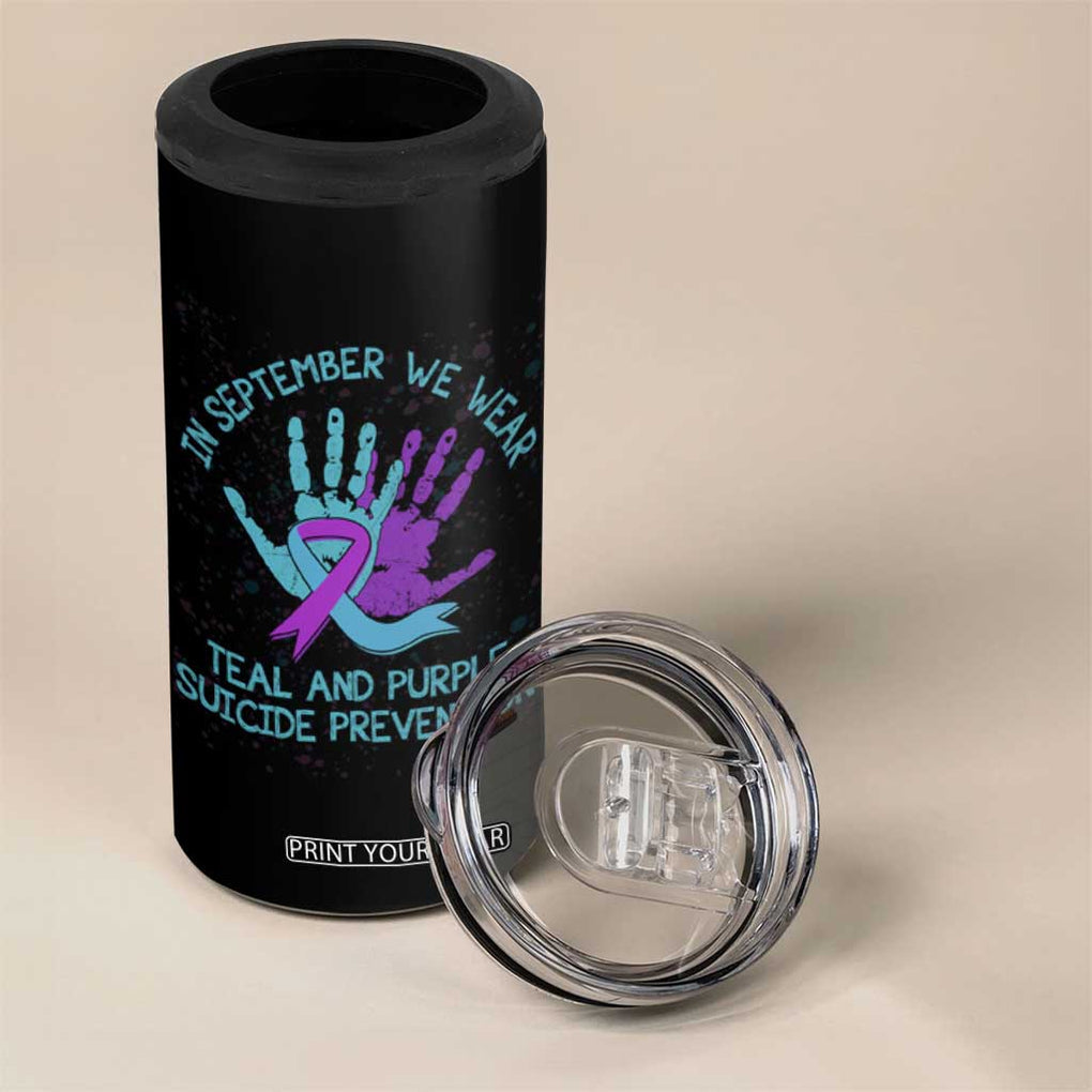 Suicide Prevention Awareness 4 in 1 Can Cooler Tumbler In September We Wear Teal Purple Ribbon Support TB02 Print Your Wear