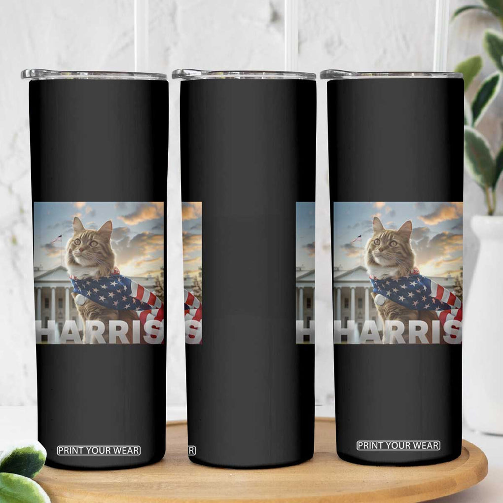 Childless Cat Ladies For Harris 2024 Skinny Tumbler Kamala For President American Flag Cat Graphic TB02 Print Your Wear