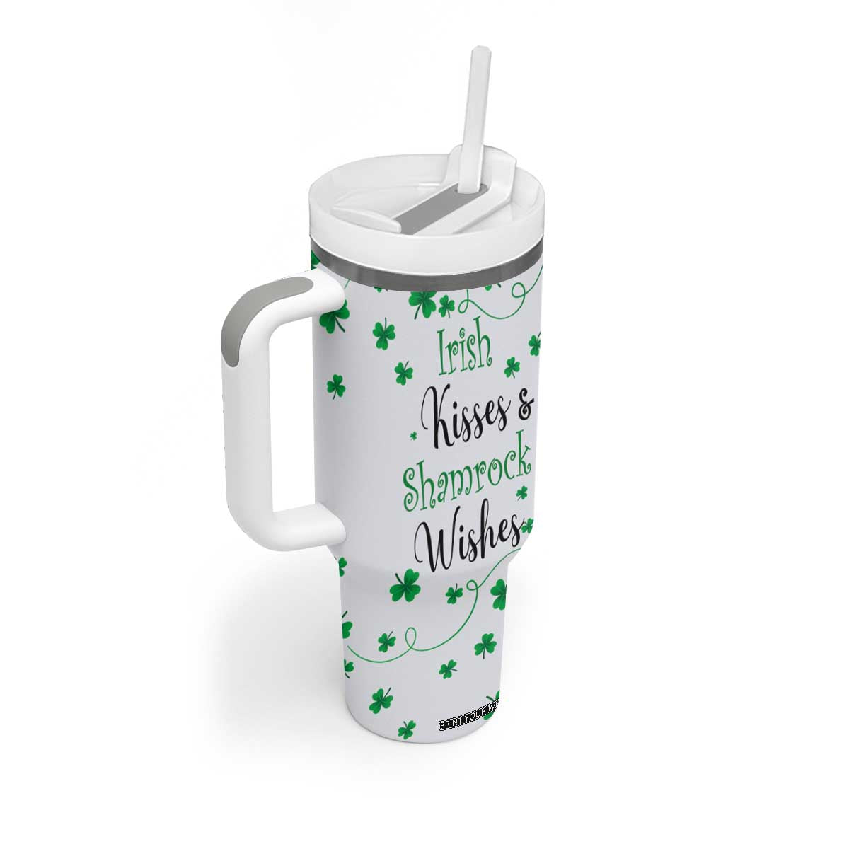 Irish Kisses and Shamrock Wishes Tumbler With Handle Lucky Clover St Patrick's Day TB02 Print Your Wear