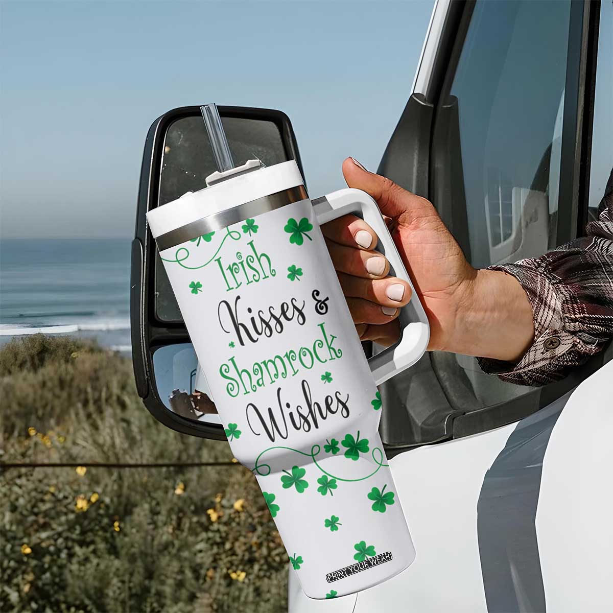 Irish Kisses and Shamrock Wishes Tumbler With Handle Lucky Clover St Patrick's Day TB02 Print Your Wear