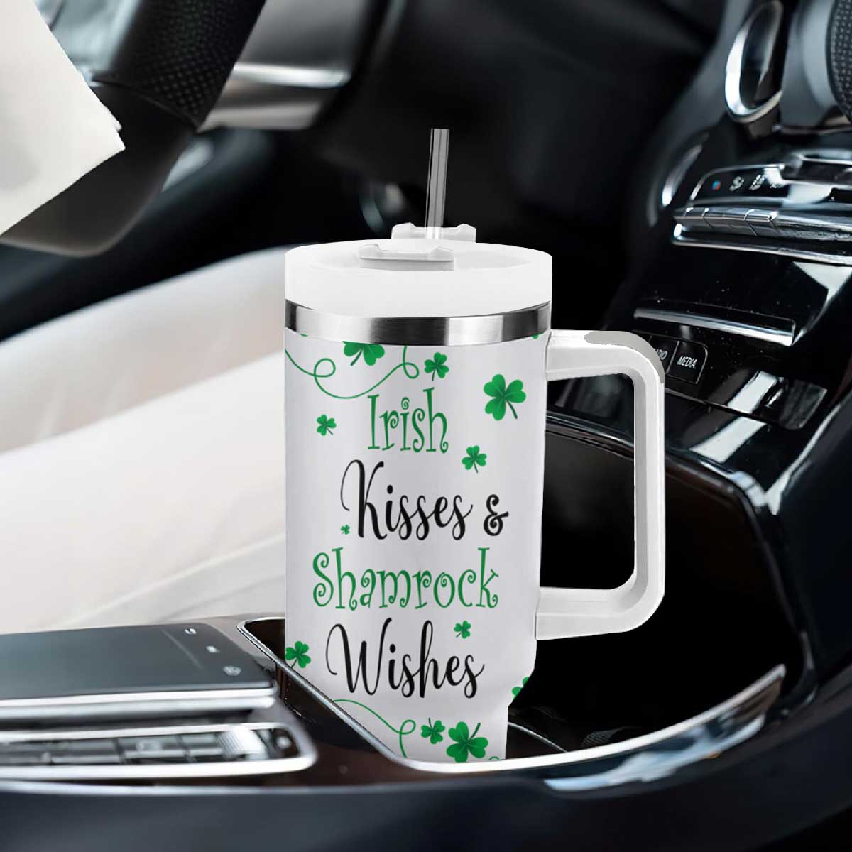 Irish Kisses and Shamrock Wishes Tumbler With Handle Lucky Clover St Patrick's Day TB02 Print Your Wear