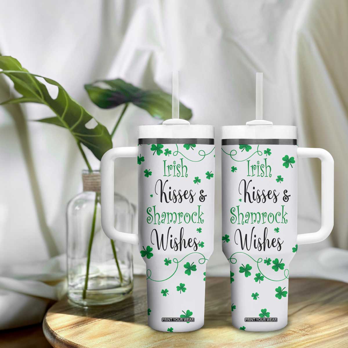 Irish Kisses and Shamrock Wishes Tumbler With Handle Lucky Clover St Patrick's Day TB02 Print Your Wear