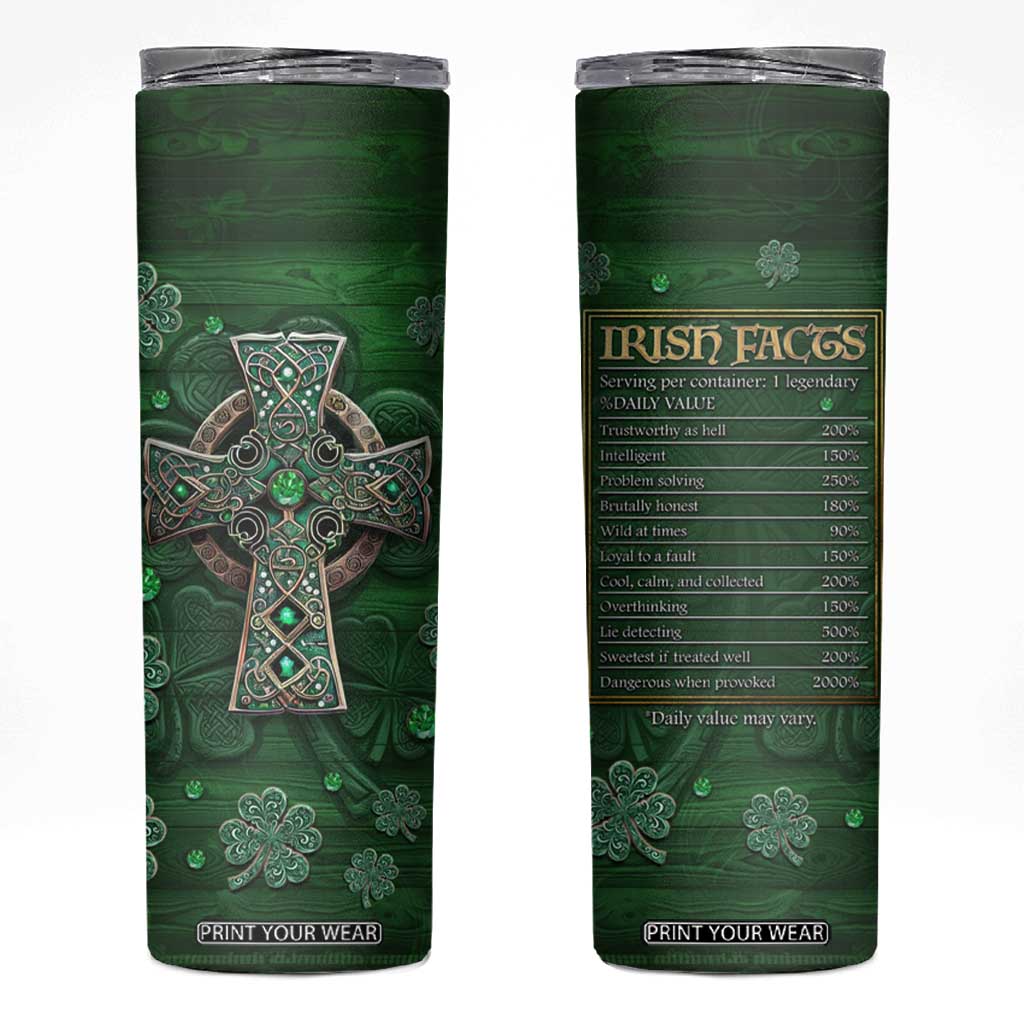 Funny Irish Facts Skinny Tumbler Nutrition Facts Celtic Cross Lucky Shamrocks St Patricks Day TB02 Forest Green Print Your Wear