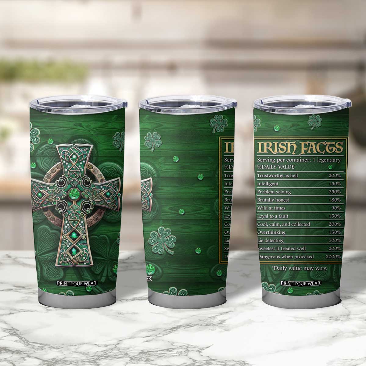 Funny Irish Facts Tumbler Cup Nutrition Facts Celtic Cross Lucky Shamrocks St Patricks Day TB02 Print Your Wear